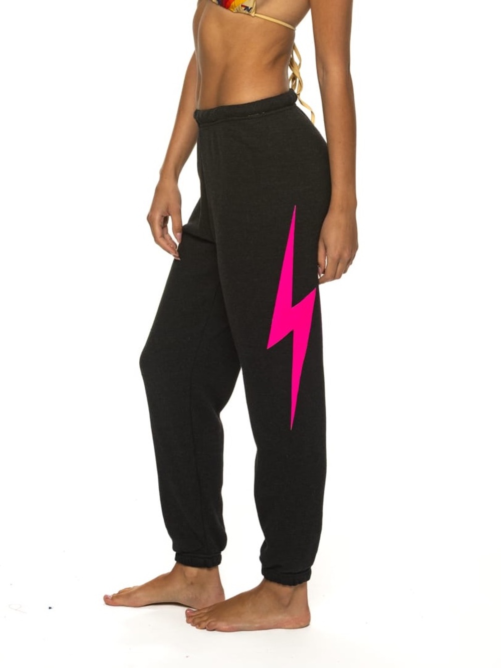 Aviator Nation Lightning Bolt Sweatpants Joggers Black Neon Pink Drawstring XS